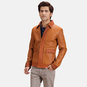 Hubert Lys brun Brun Læderjakke til Mænd in Tan Brown Sheepskin Leather - Front Profile View &amp; Tailored Silhouette | Buy Online