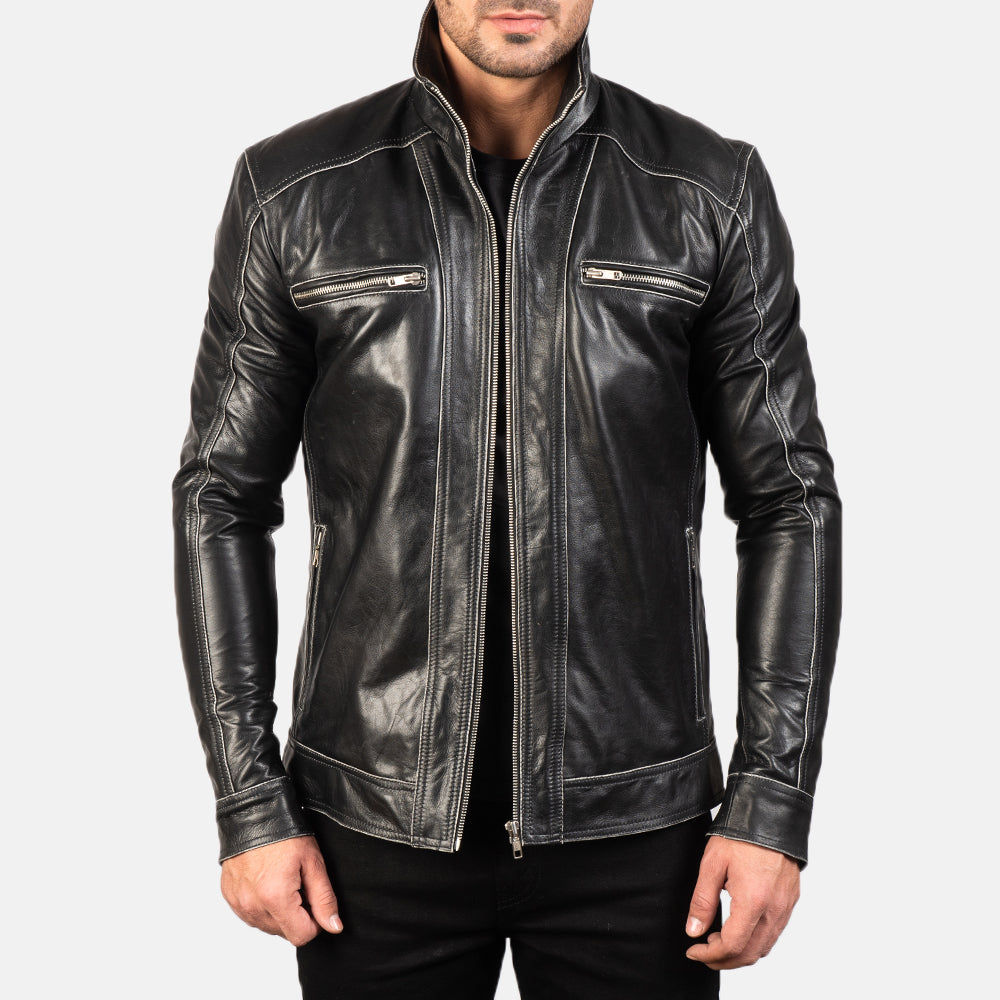 
Hudson Black Leather Biker Jacket in Black Cowhide Leather - Forfra med skræddersyet silhuet | Køb online