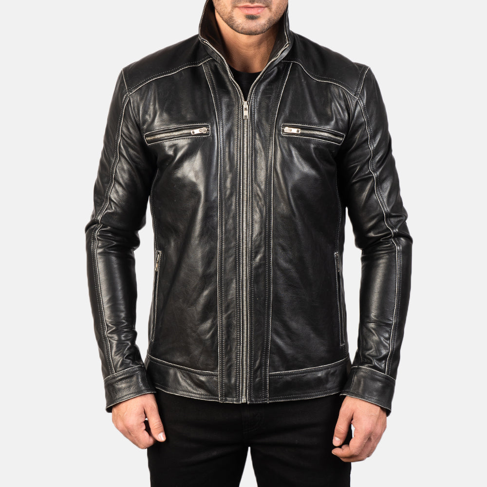 
Nærbillede of High neck Band & Zipper Hardware on Hudson Black Leather Biker Jacket