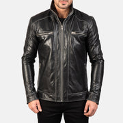 
Nærbillede of High neck Band & Zipper Hardware on Hudson Black Leather Biker Jacket