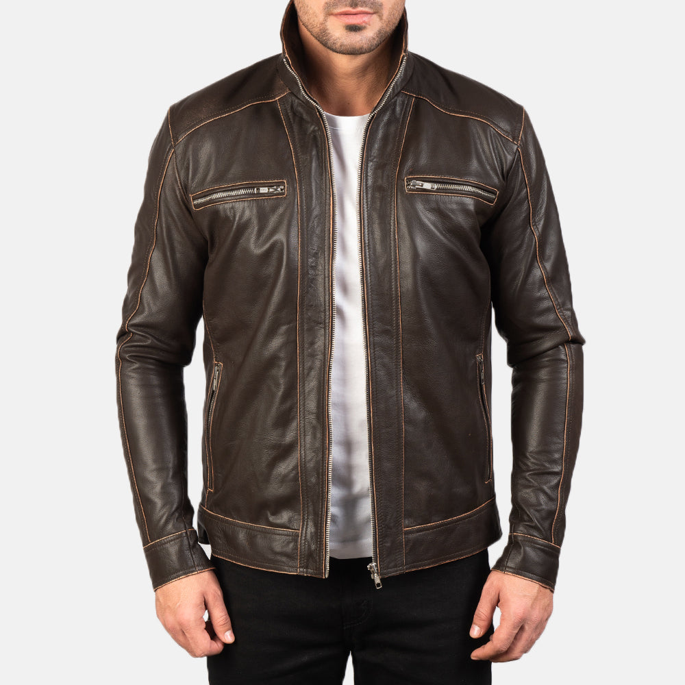 
Håndværksmæssig kantdetalje på Hudson Black Leather Biker Jacket