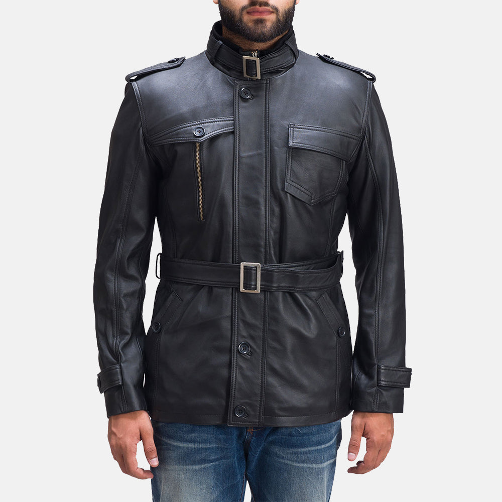 Hunter Sort Læderjakke til Mænd in Black Sheepskin Leather - Front Profile View &amp; Tailored Silhouette | Buy Online