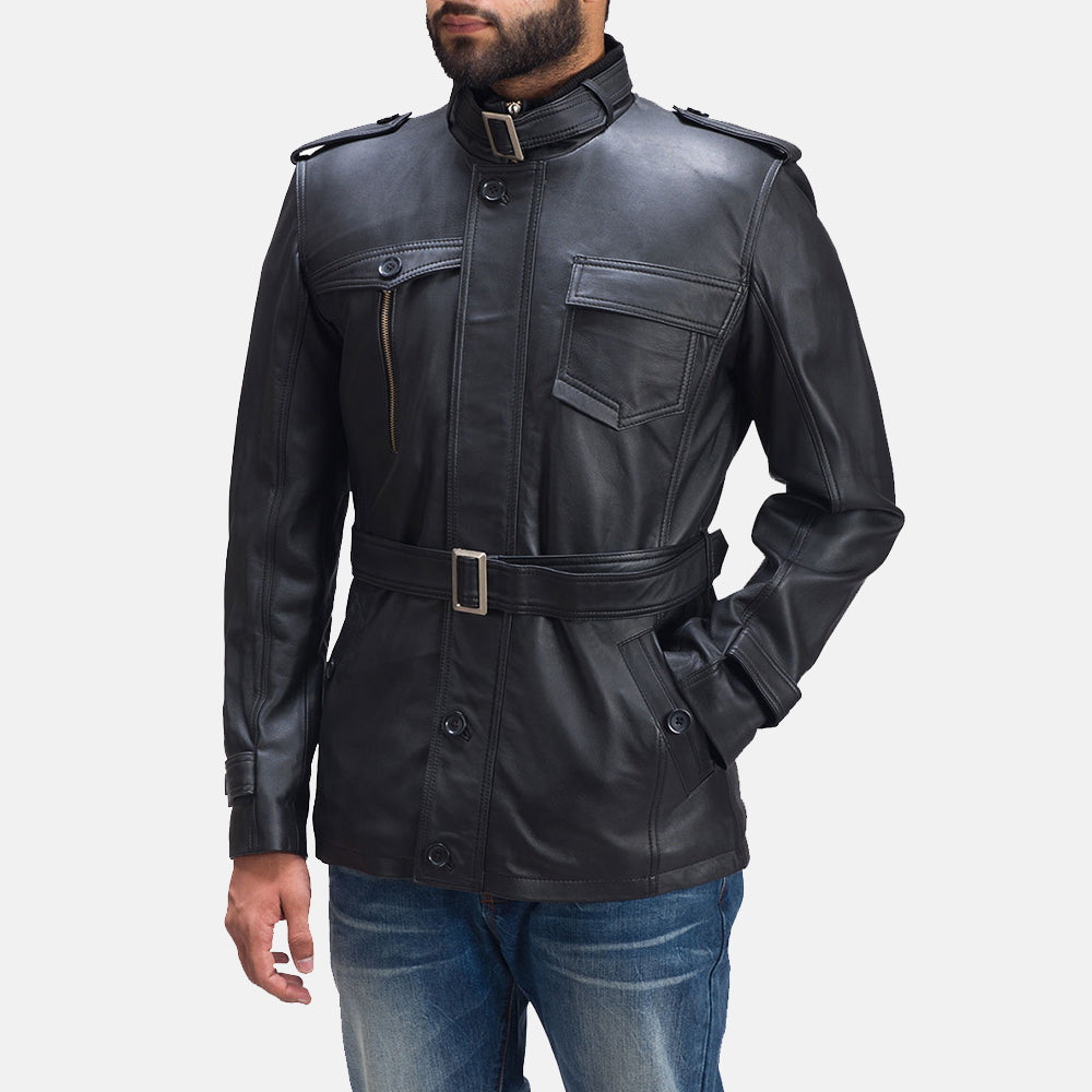 Hunter Sort Læderjakke til Mænd - Lateral Side Profile View Showing Sleeve Cut &amp; Athletic Taper Fit