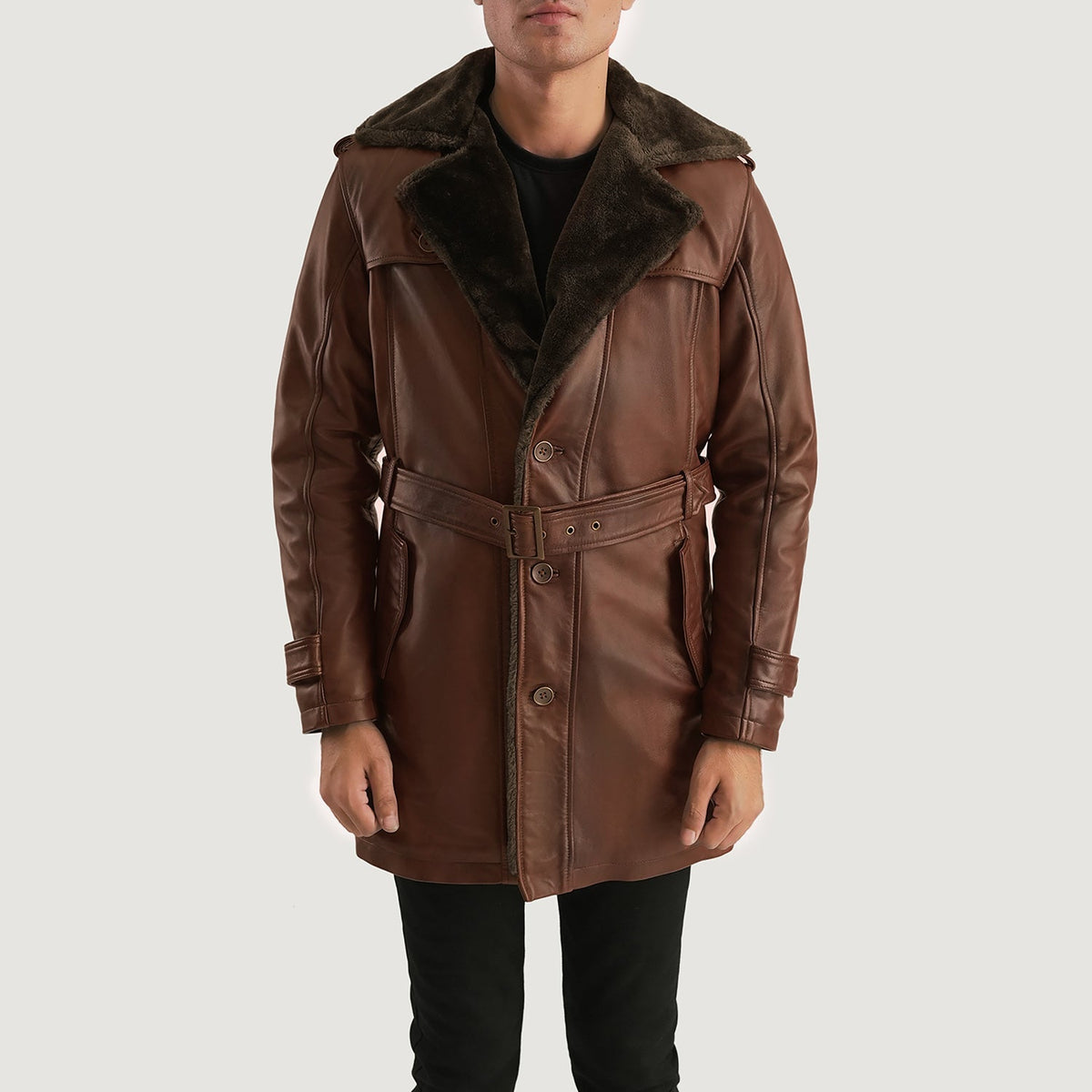 
Hunter Distressed Brun Fur Læderfrakke til Mænd in Distressed Brown Sheepskin Burnishing - Forfra med skræddersyet silhuet | Køb online