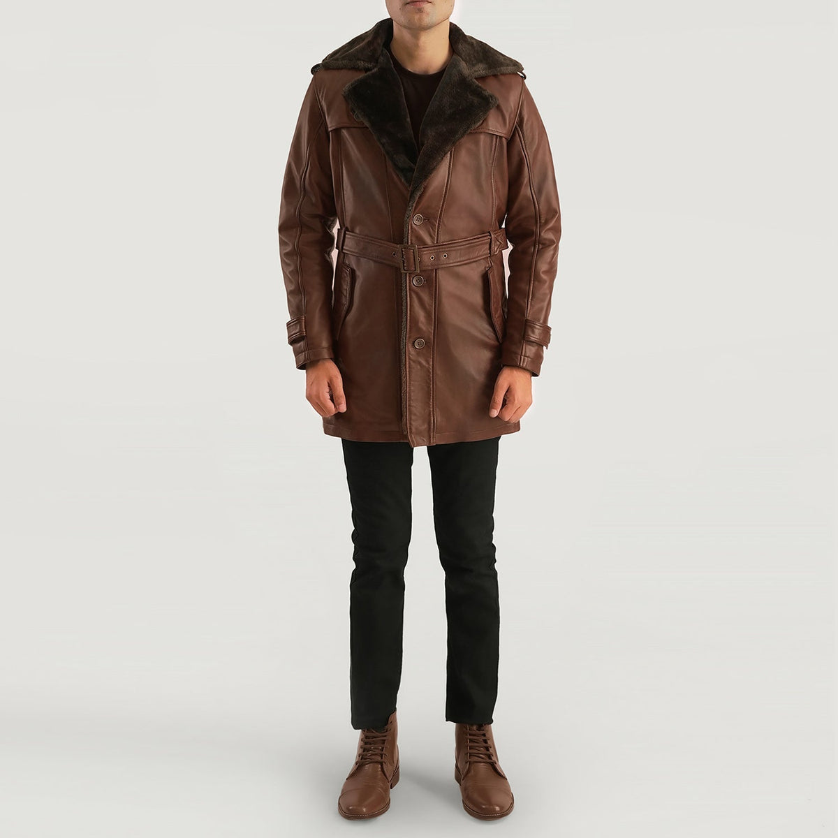 
Nærbillede of Notch & Button Hardware on Hunter Distressed Brun Fur Læderfrakke til Mænd