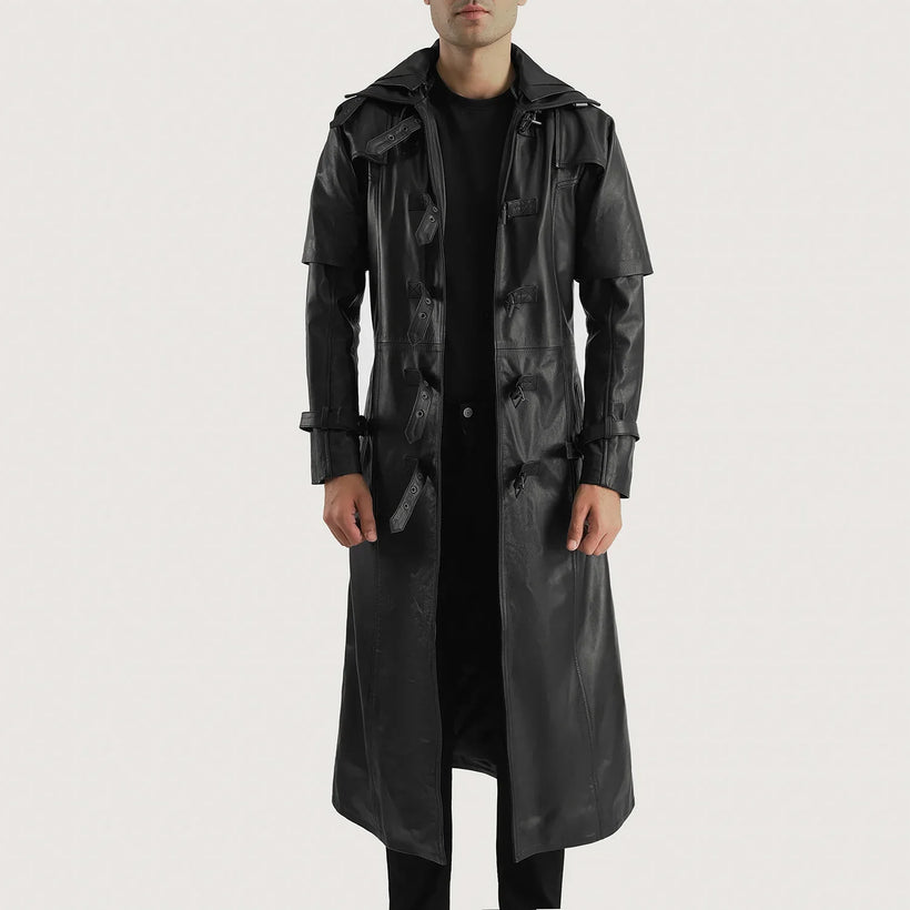 Huntsman Sort Hooded Trenchcoat i Læder til Mænd