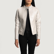 Women's Ice Maiden Silver Quilted Læder Bikerjakke til Kvinder - Lateral Side Profile View Showing Sleeve Cut &amp; Athletic Taper Fit