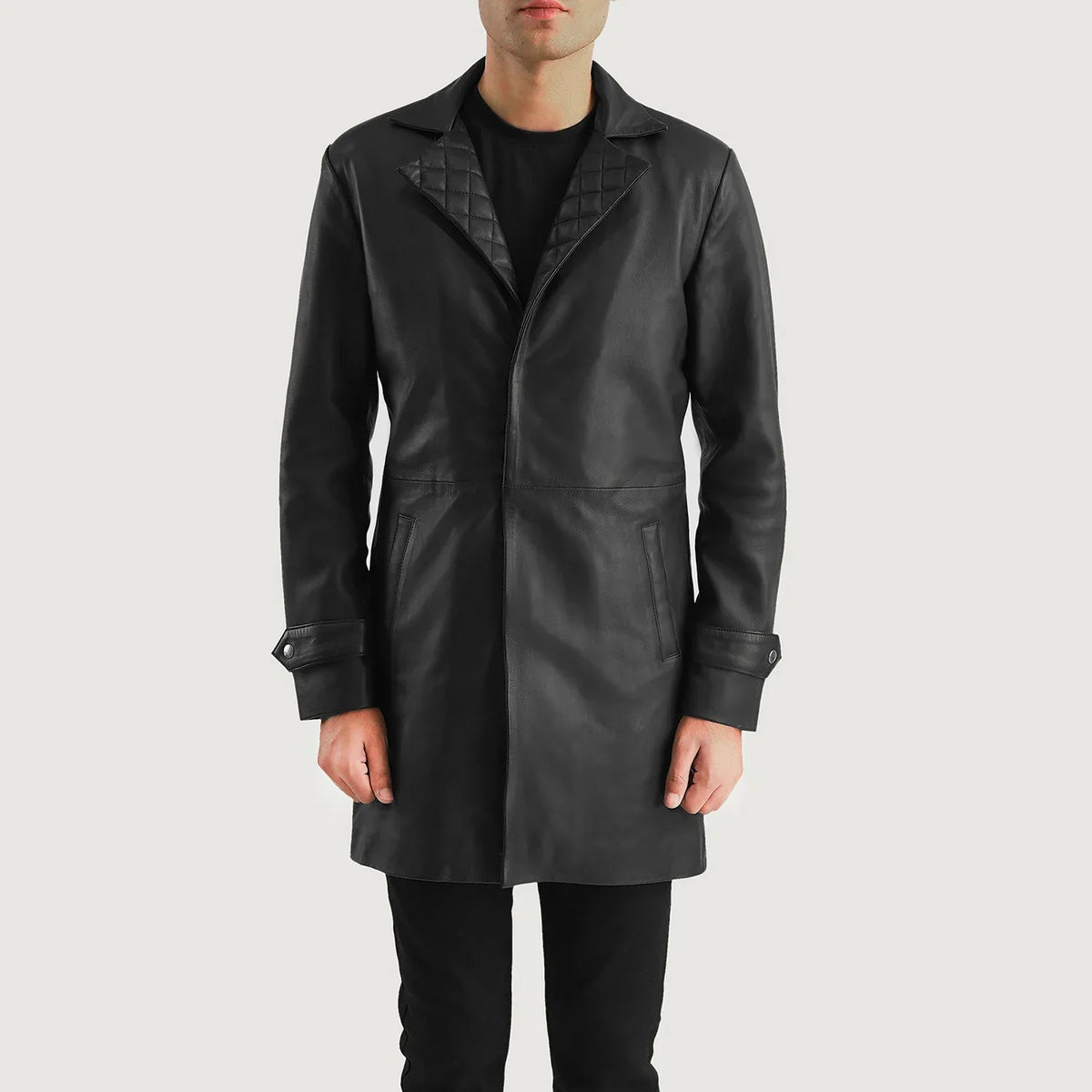Infinity Black Leather Coat in Black Sheepskin Leather - Front Profile View &amp; Tailored Silhouette | Buy Online