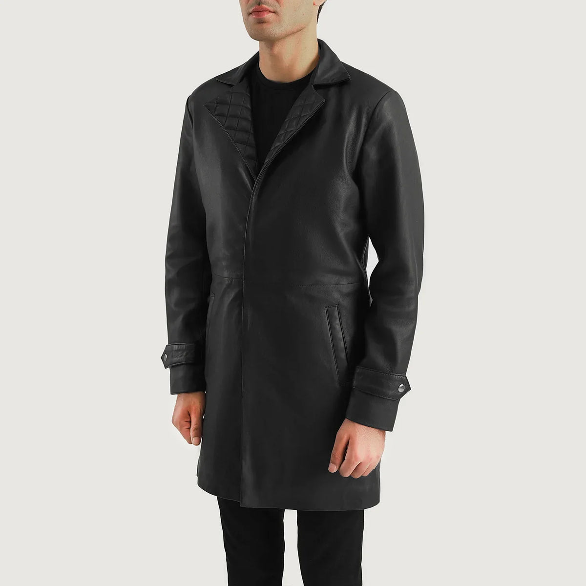 Black Sheepskin leather Coat - Back View Showing Tailored Shoulder Fit &amp; Clean Hemline