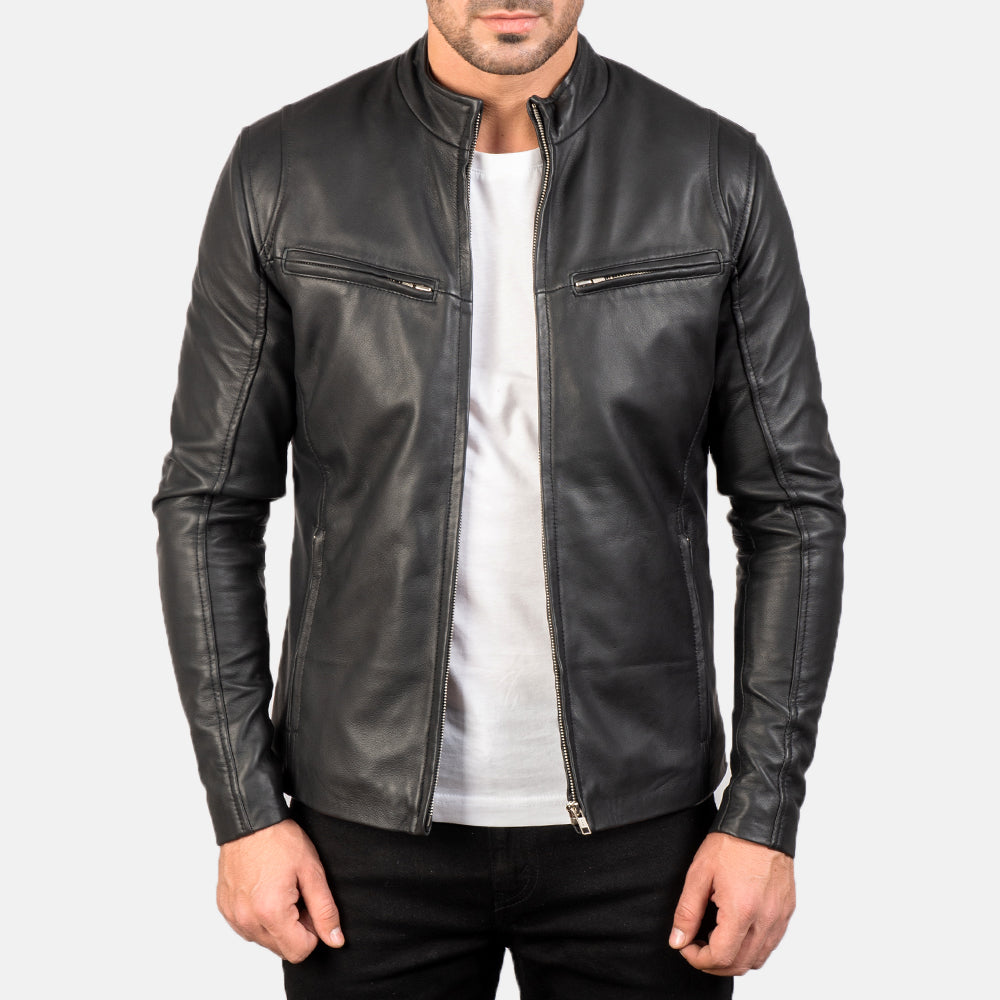 Men's Ionic Black Leather Jacket in Black Sheepskin Leather - Front Profile View &amp; Tailored Silhouette | Buy Online