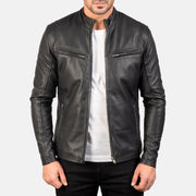 Men's Ionic Black Leather Jacket in Black Sheepskin Leather - Front Profile View &amp; Tailored Silhouette | Buy Online