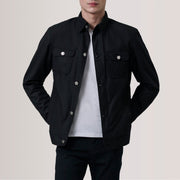 Irwin Sort Waxed Canvas Field Læderjakke til Mænd For Men in Black Waxed Cotton Canvas - Front Profile View &amp; Tailored Silhouette | Buy Online