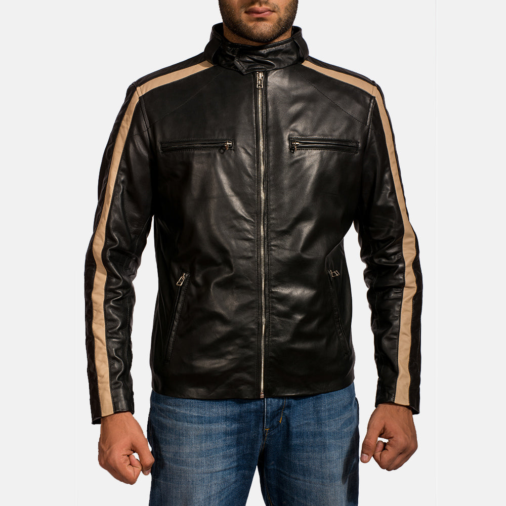 Men's Jack Sort Læder Bikerjakke til Mænd in Black Sheepskin Leather - Front Profile View &amp; Tailored Silhouette | Buy Online