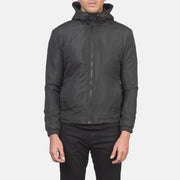 
Nærbillede of High Neck with Hood & Zipper with wind flap Hardware on Jimmy Sort Hooded Windbreaker Læderjakke til Mænd