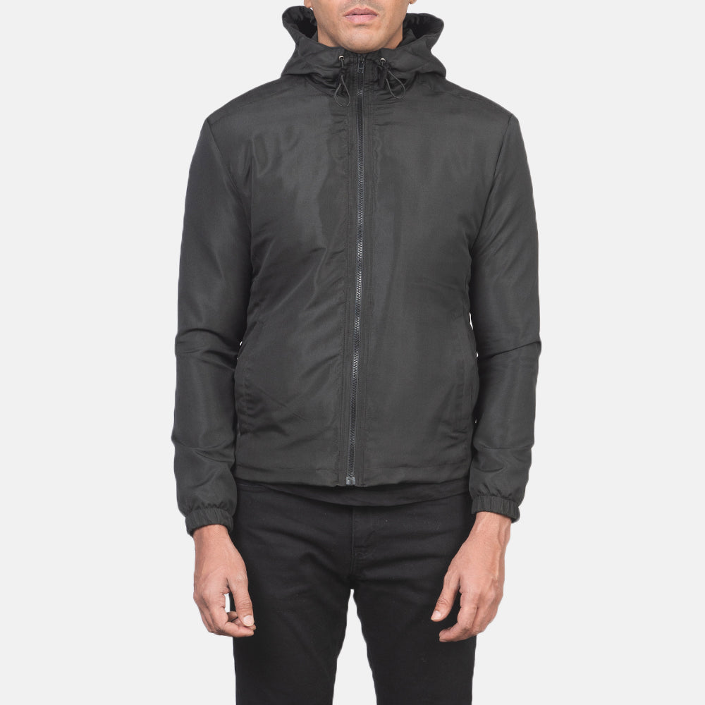 Nærbillede of High Neck with Hood & Zipper with wind flap Hardware on Jimmy Black Hooded Windbreaker Jacket