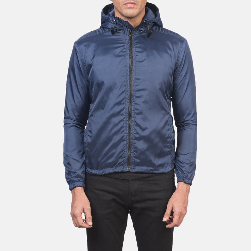 Jimmy Blue Hooded Windbreaker Jacket in Blue Nylon - Forfra med skræddersyet silhuet | Køb online