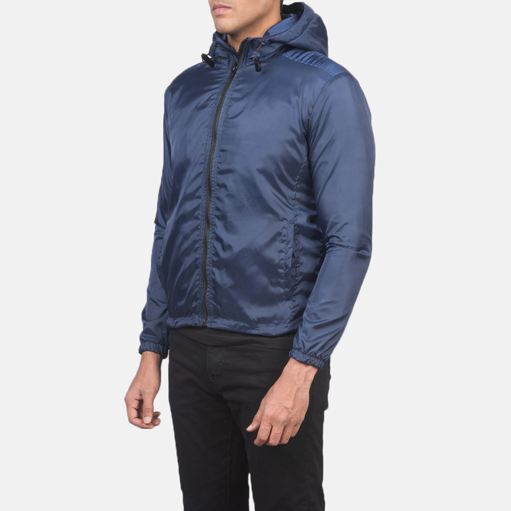 Blue Nylon Hooded Jacket - Bagfra med tilpassede skuldre og ren kant