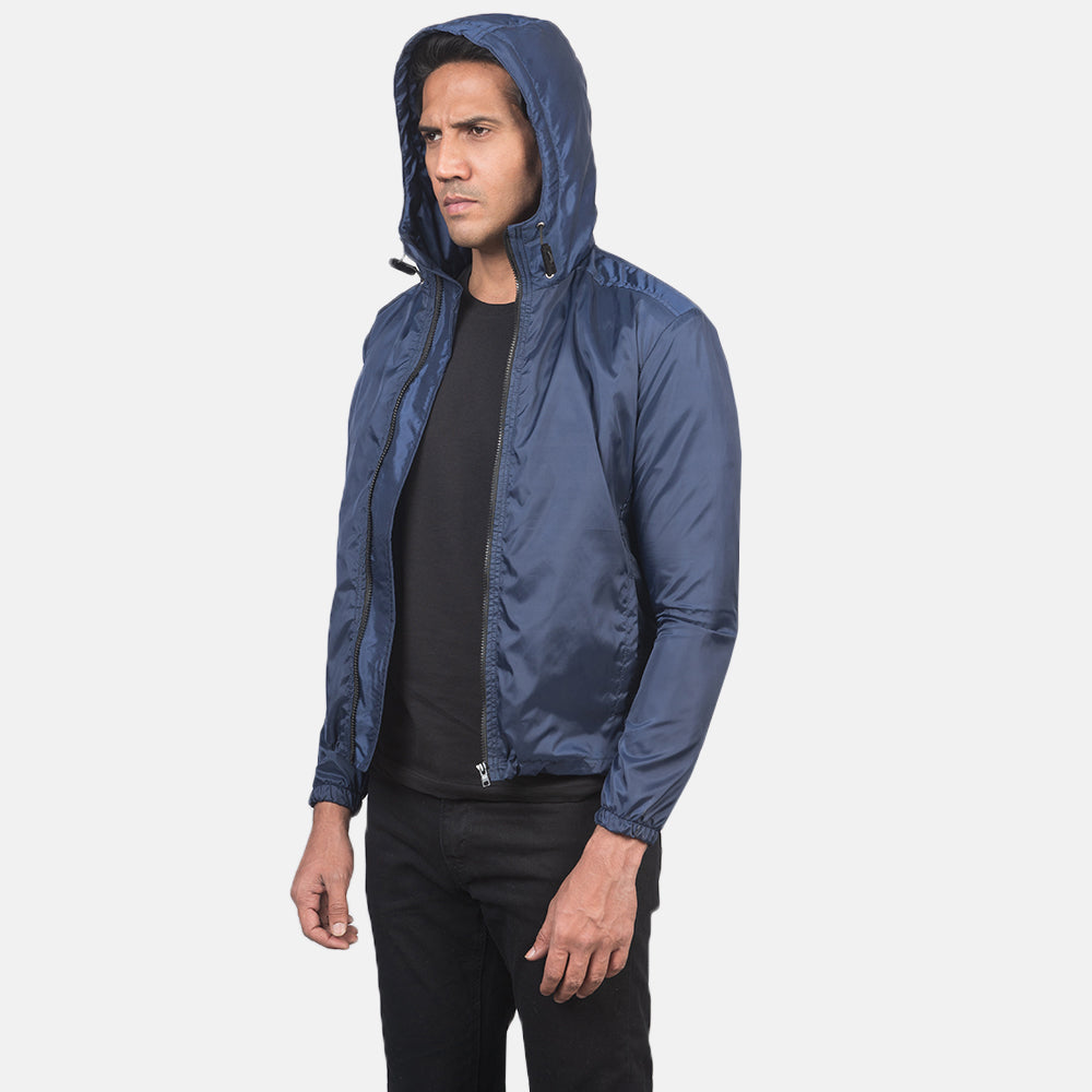 
Nærbillede of High Neck with Hood & Zipper with wind flap Hardware on Jimmy Blå Hooded Windbreaker Læderjakke til Mænd