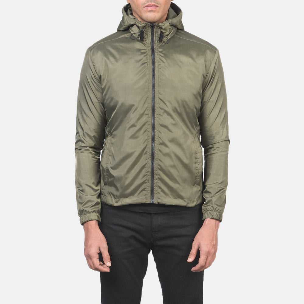Nærbillede of High Neck with Hood & Zipper with wind flap Hardware on Jimmy Green Hooded Windbreaker Jacket