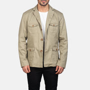 Kajetan Beige Safari Læderjakke til Mænd in Beige Poly-Cotton - Front Profile View &amp; Tailored Silhouette | Buy Online
