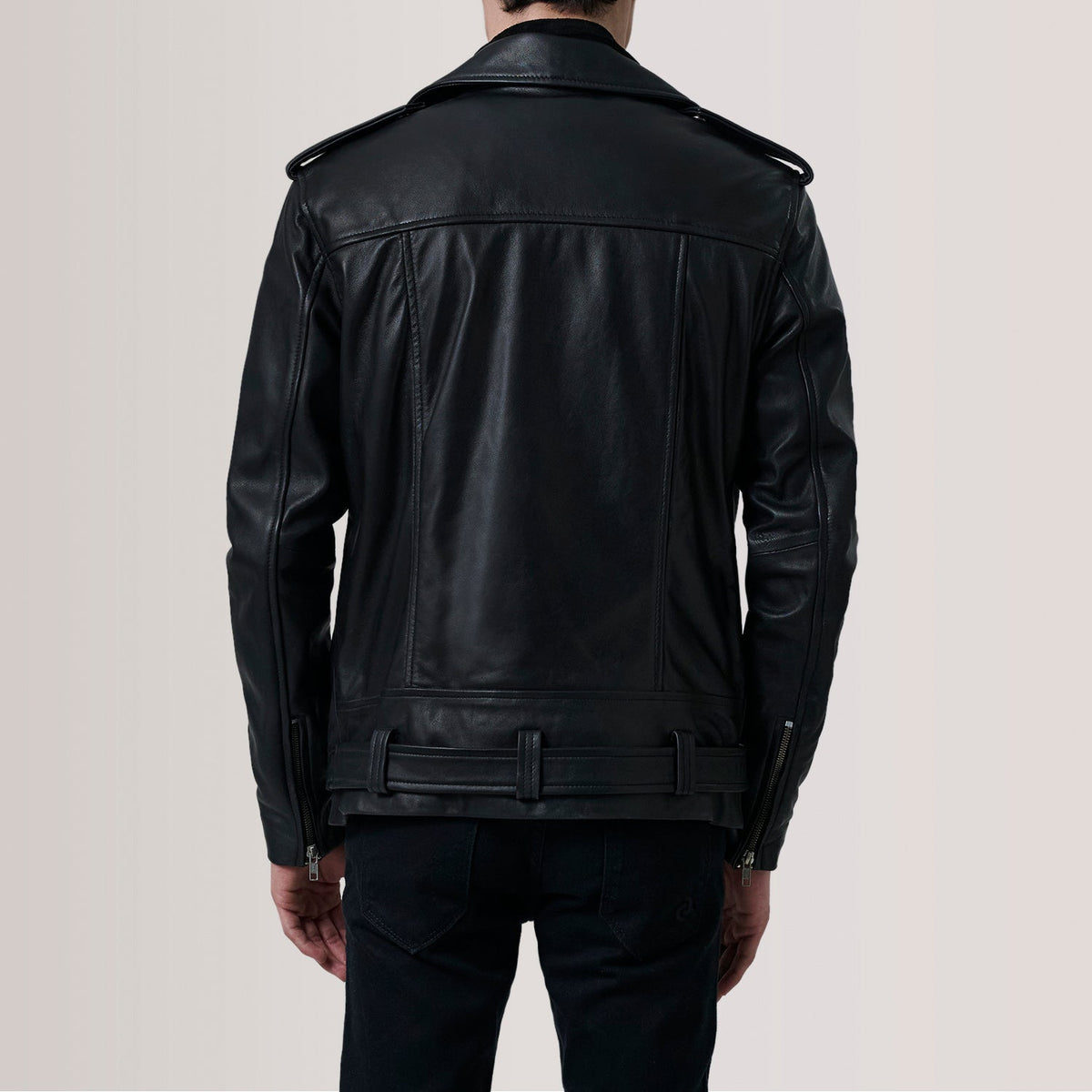 
Nærbillede of Notch & Zipper & Waist Straps Hardware on Kole Sort Leather Double Rider Læderjakke til Mænd For Men