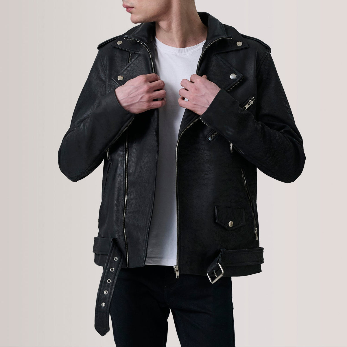 Kole Distressed Sort Leather Double Rider Læderjakke til Mænd in Distressed Black Sheepskin Snuffed - Front Profile View &amp; Tailored Silhouette | Buy Online