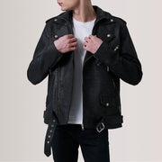 Kole Distressed Sort Leather Double Rider Læderjakke til Mænd in Distressed Black Sheepskin Snuffed - Front Profile View &amp; Tailored Silhouette | Buy Online