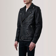 Kole Distressed Sort Leather Double Rider Læderjakke til Mænd - Lateral Side Profile View Showing Sleeve Cut &amp; Athletic Taper Fit