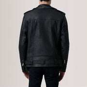 Close-Up Detail of Notch &amp; Zipper &amp; Waist Straps Hardware on Kole Distressed Sort Leather Double Rider Læderjakke til Mænd
