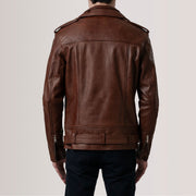 
Nærbillede of Notch & Zipper & Waist Straps Hardware on Kole Waxed Brun Leather Double Rider Læderjakke til Mænd