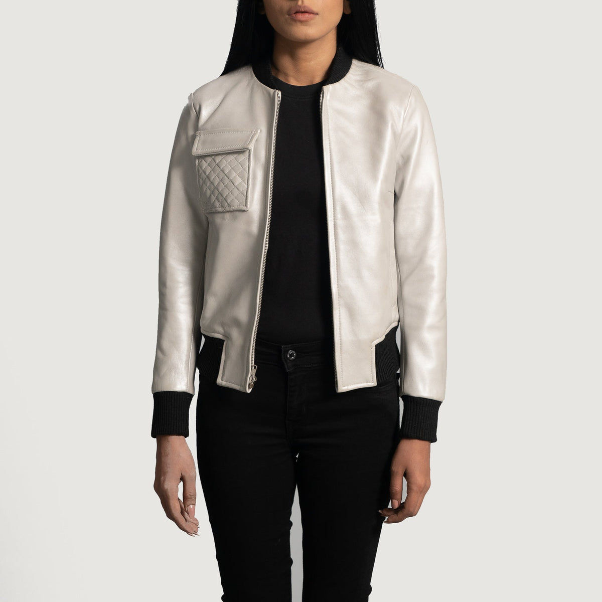 Women's Lana Silver Læder Bomberjakke til Kvinder in Silver Sheepskin Leather - Front Profile View &amp; Tailored Silhouette | Buy Online