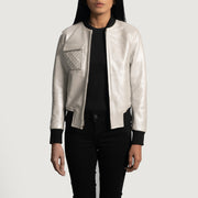 Women's Lana Silver Læder Bomberjakke til Kvinder in Silver Sheepskin Leather - Front Profile View &amp; Tailored Silhouette | Buy Online