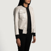 Women's Lana Silver Læder Bomberjakke til Kvinder - Lateral Side Profile View Showing Sleeve Cut &amp; Athletic Taper Fit