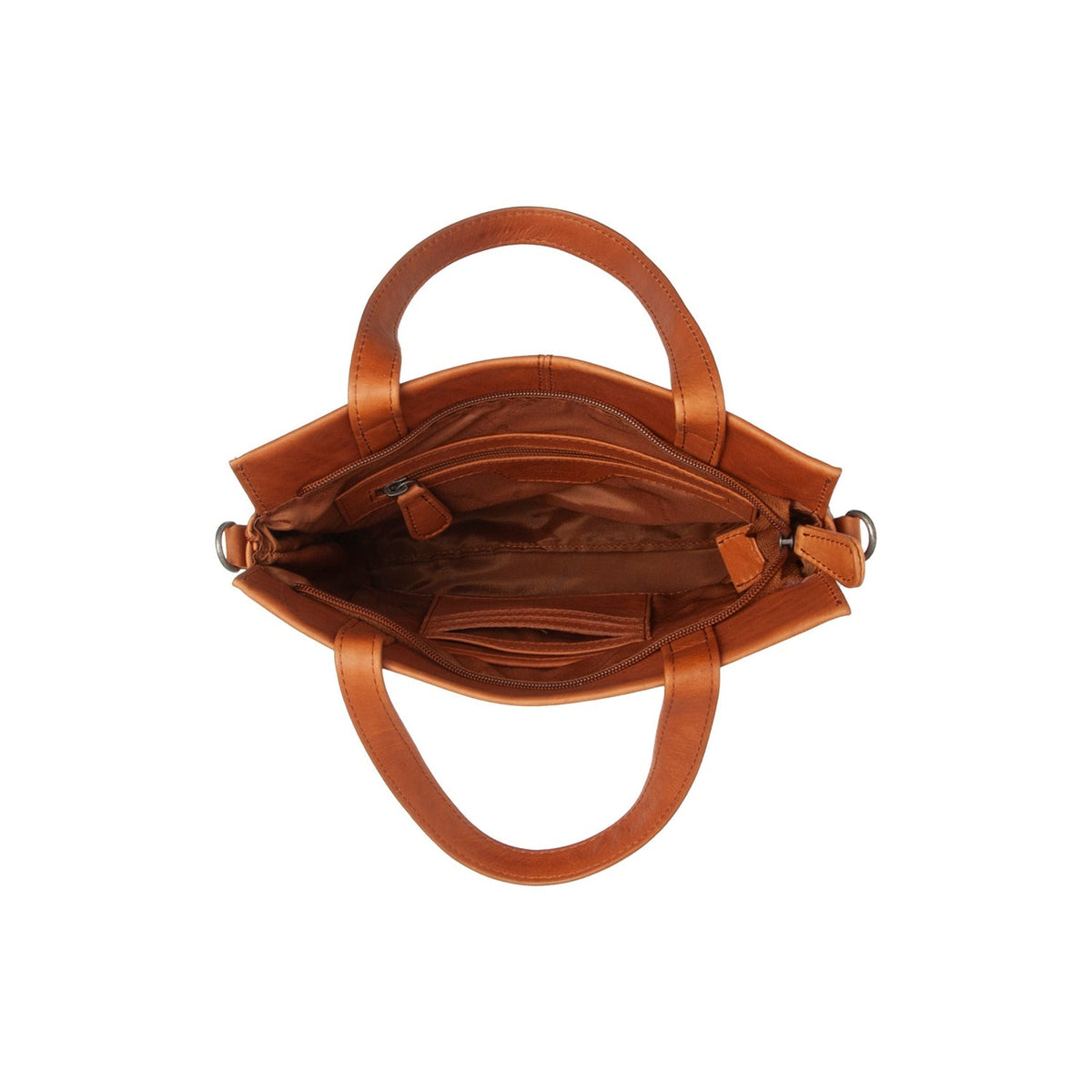 Close-Up Detail of Classic Collar &amp; Heavy-Duty Zipper Hardware on Rivington Full-Grain Leather Handbag til Kvinder