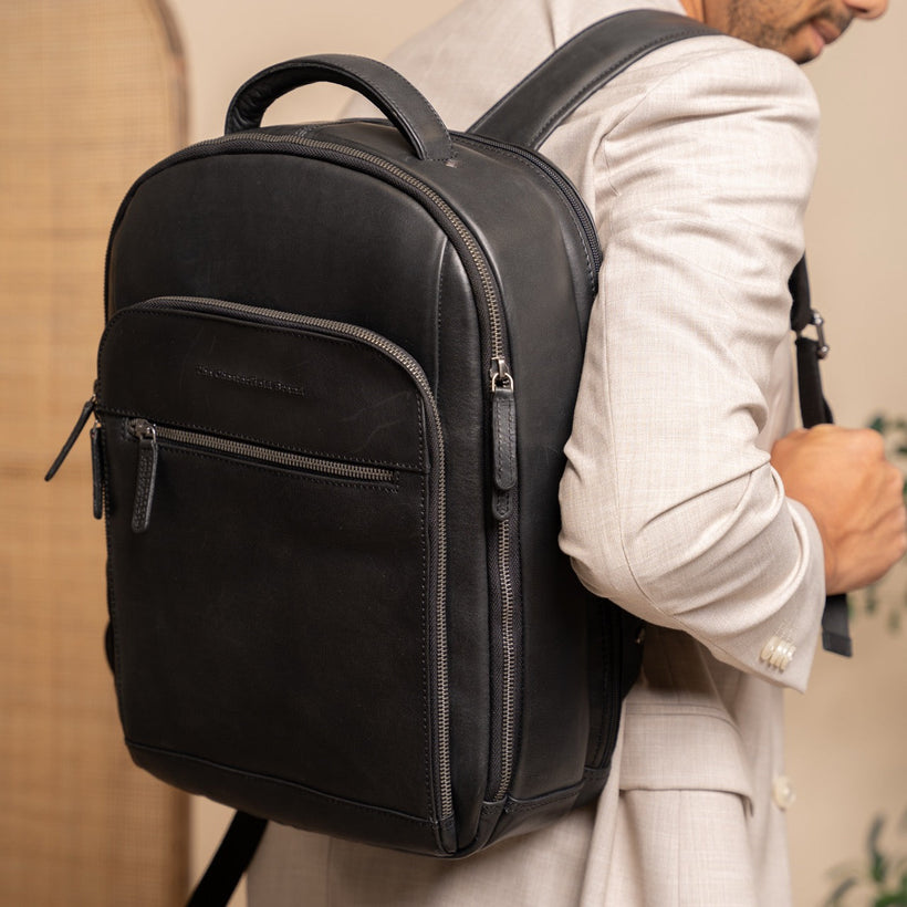 Classic 100% Full-Grain leather Backpack - Rear Perspective Showing Reinforced Leather Straps & Stitching