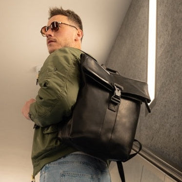 Classic 100% Full-Grain leather Backpack - Rear Perspective Showing Reinforced Leather Straps &amp; Stitching