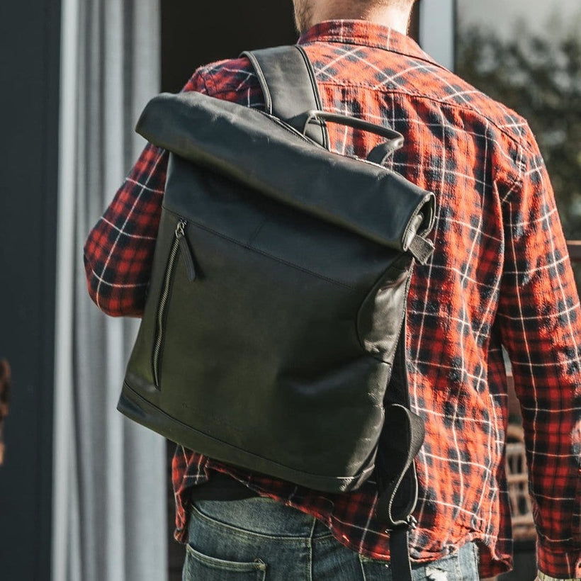 Classic 100% Full-Grain leather Backpack - Rear Perspective Showing Reinforced Leather Straps & Stitching