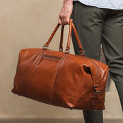 Classic 100% Full-Grain Leather Duffle Bag - Rear Perspective Showing Reinforced Leather Straps &amp; Stitching