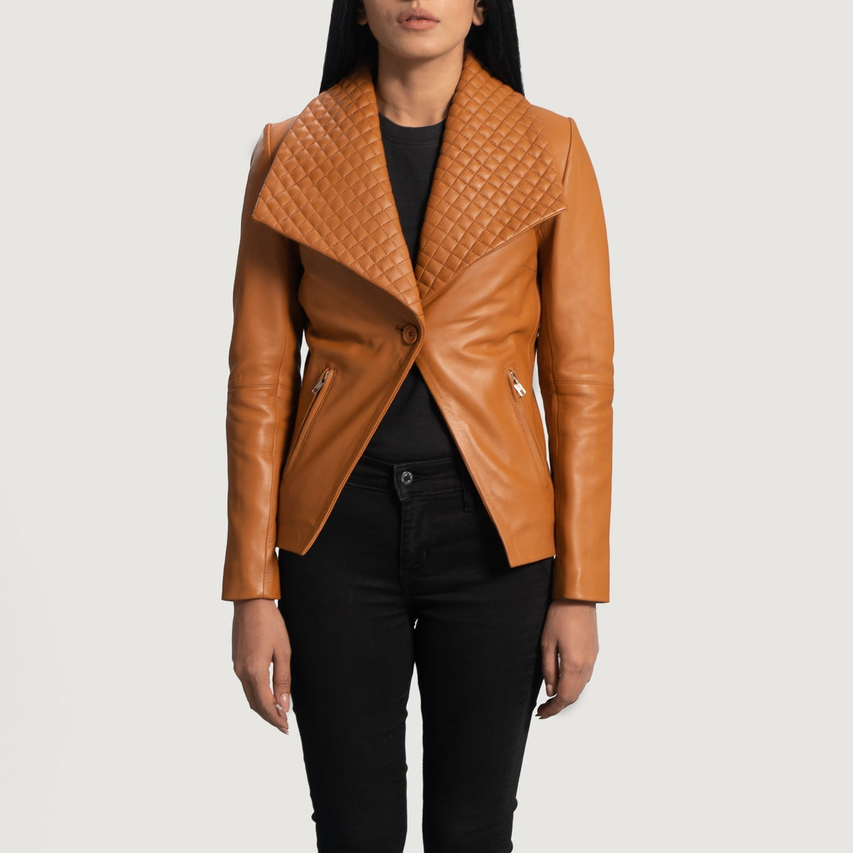 Women's Lee Lys brun Brun Leather Blazer til Kvinder in Tan Brown Sheepskin Leather - Front Profile View &amp; Tailored Silhouette | Buy Online