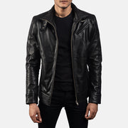 Men's Legacy Black Leather Biker Jacket in Black Cowhide Leather - Front Profile View & Tailored Silhouette | Buy Online