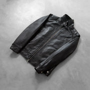 Button & Hem Craftsmanship Construction Detail on Men's Legacy Black Leather Biker Jacket