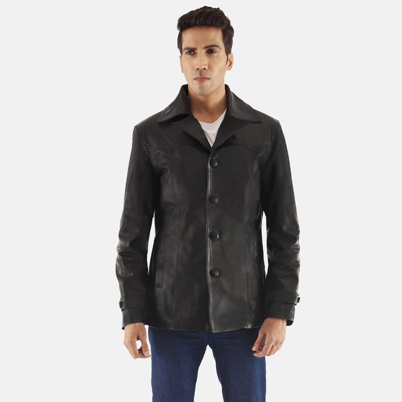 Leo Sort Leather Coat til Mænd