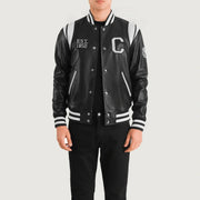 Liberte California Sort Leather Varsity Læderjakke til Mænd in Black &amp; White Sheepskin Leather - Front Profile View &amp; Tailored Silhouette | Buy Online
