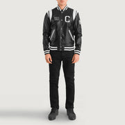 Liberte California Sort Leather Varsity Læderjakke til Mænd - Lateral Side Profile View Showing Sleeve Cut &amp; Athletic Taper Fit
