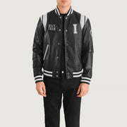 Liberte Illinois Sort Leather Varsity Læderjakke til Mænd in Black &amp; White Sheepskin Leather - Front Profile View &amp; Tailored Silhouette | Buy Online