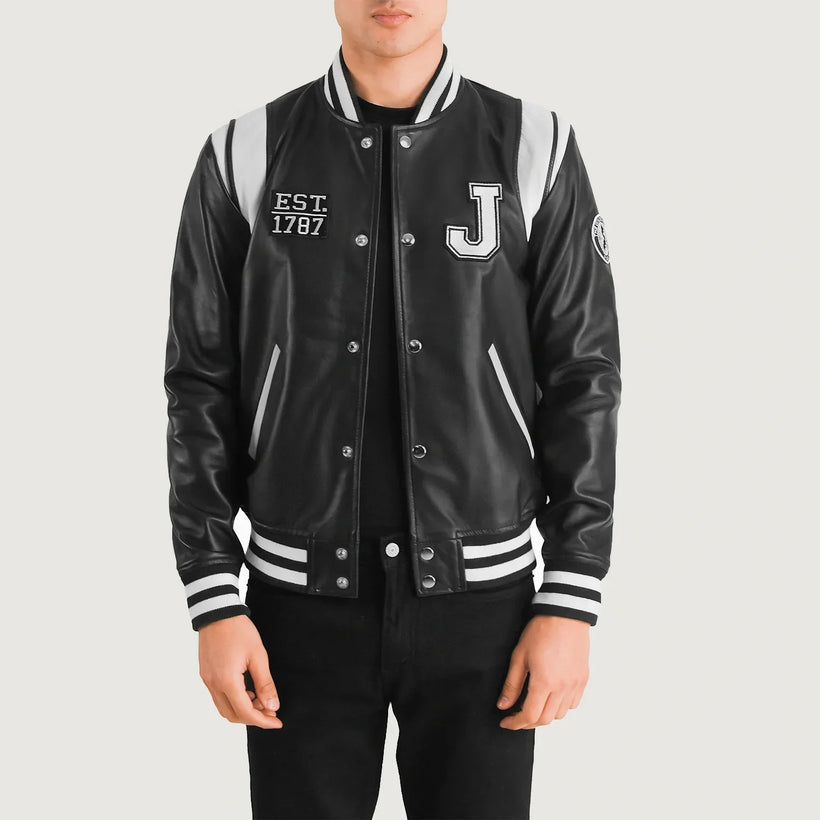 Liberte New Jersey Sort Leather Varsity Læderjakke til Mænd