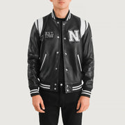 Liberte New York Sort Leather Varsity Læderjakke til Mænd in Black &amp; White Sheepskin Leather - Front Profile View &amp; Tailored Silhouette | Buy Online