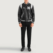 Liberte New York Sort Leather Varsity Læderjakke til Mænd - Lateral Side Profile View Showing Sleeve Cut &amp; Athletic Taper Fit