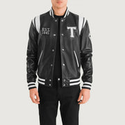 Liberte Texas Sort Leather Varsity Læderjakke til Mænd in Black &amp; White Sheepskin Leather - Front Profile View &amp; Tailored Silhouette | Buy Online