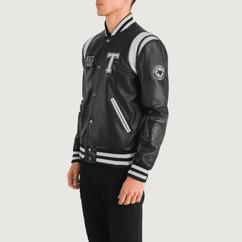 Liberte Texas Sort Leather Varsity Læderjakke til Mænd